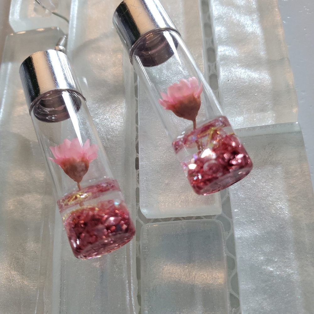 Pink Wish Flowers Glass Bottle Dangle Earrings - Picture 8 of 14
